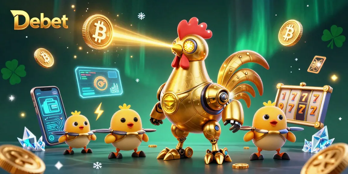 Engage with Debet's thrilling casino adventures featuring a futuristic rooster robot, energetic Bitcoin elements, and vibrant slot symbols.