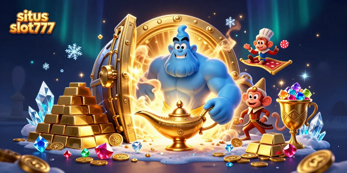 Experience excitement at situs slot777 with a cinematic genie illustration bursting with treasures and casino magic.