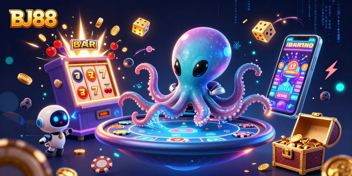 BJ88 gaming scene featuring an alien octopus at a holographic poker table with jackpot elements