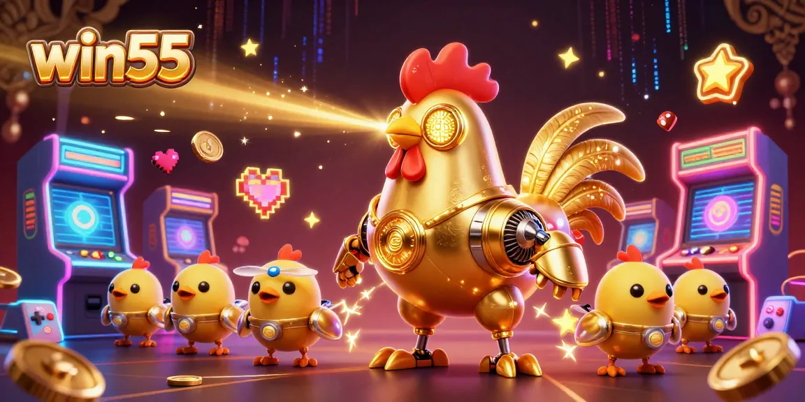 Win55 casino experience featuring an exciting 3D rooster robot, games, and colorful elements.