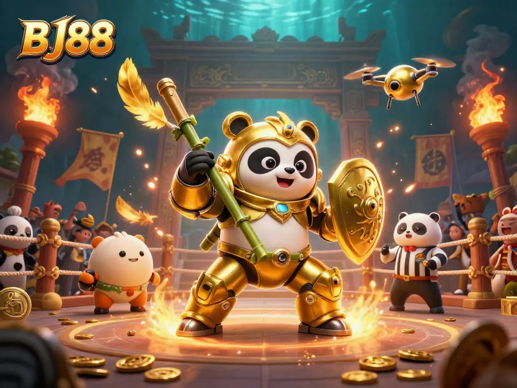 Engaging BJ88 gambling illustration showcasing live casino atmosphere with animated characters and game elements.