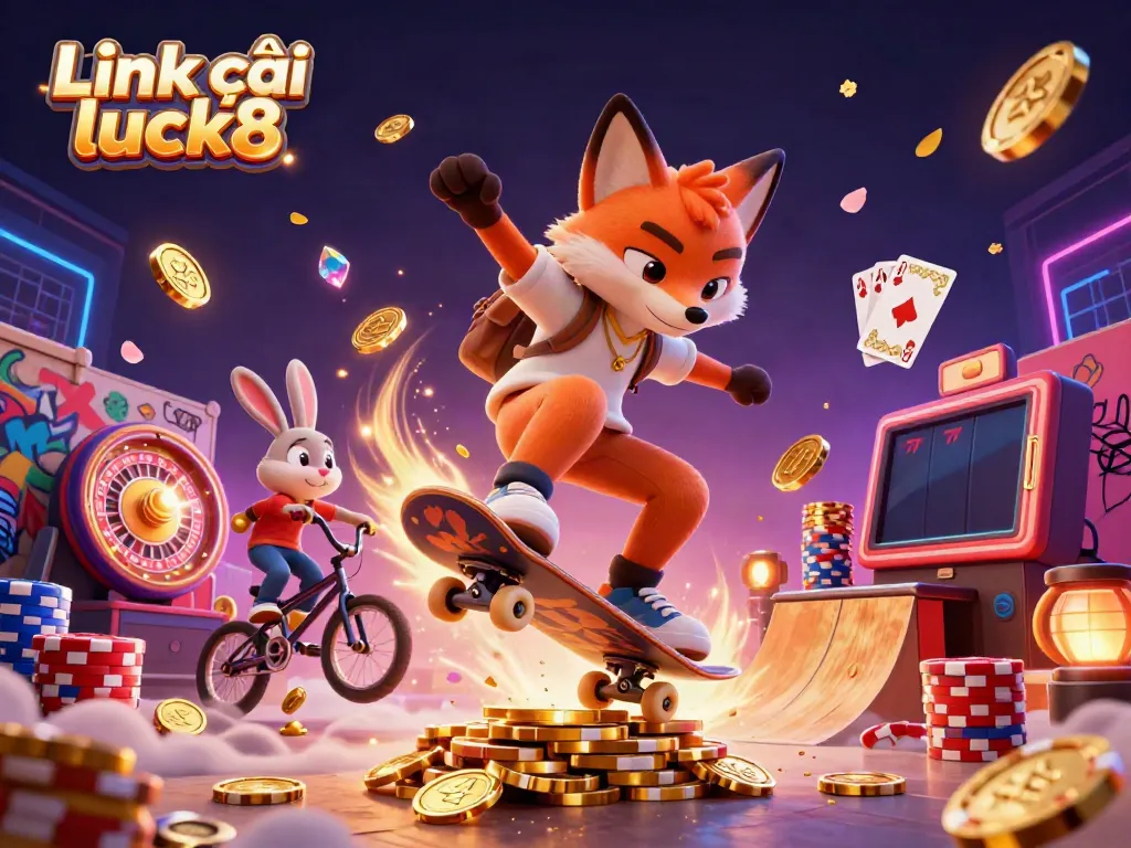 Spin and win at Link vào luck8 with a vibrant scene featuring cartoon characters, casino elements, and colorful tokens.