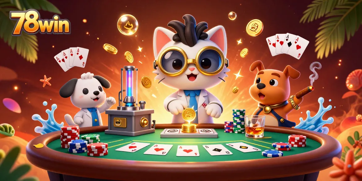 Engage in thrilling poker action with 78win's vibrant 3D casino scene featuring mad scientist characters.