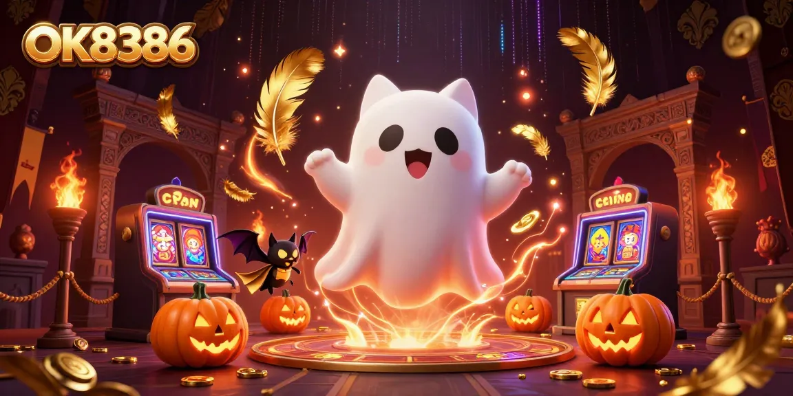 Play exciting slots with OK8386 in a vibrant haunted casino scene filled with captivating elements.