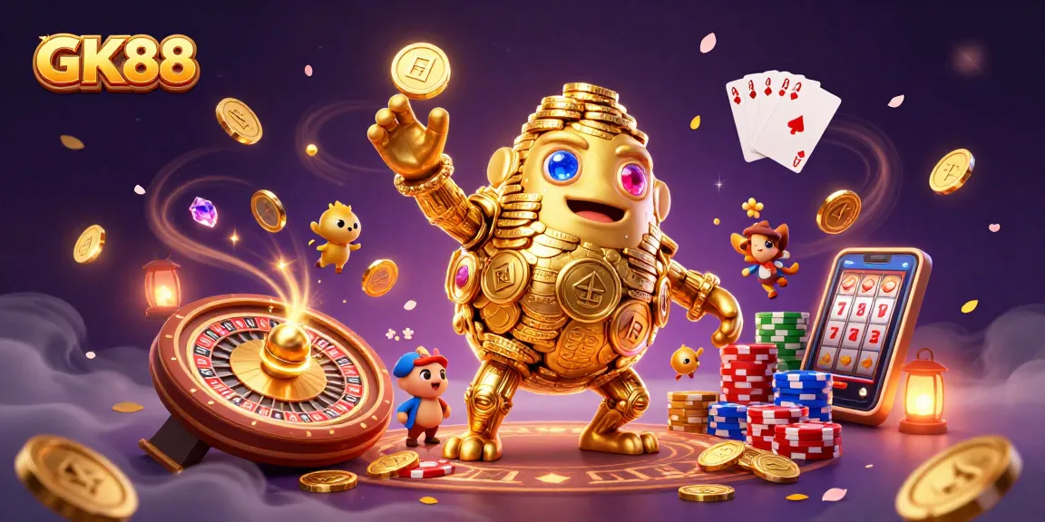 Experience GK88's vibrant casino world with dynamic gold and gem elements in this captivating illustration.