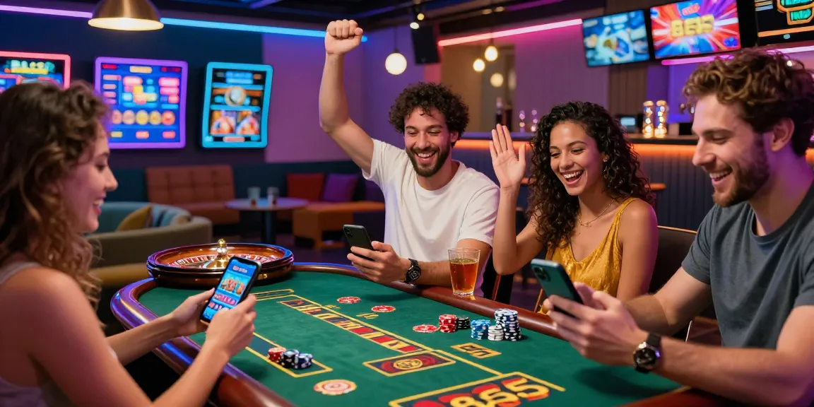 Friends enjoying a thrilling win on BL555 platform with vibrant casino ambiance and engaging games.