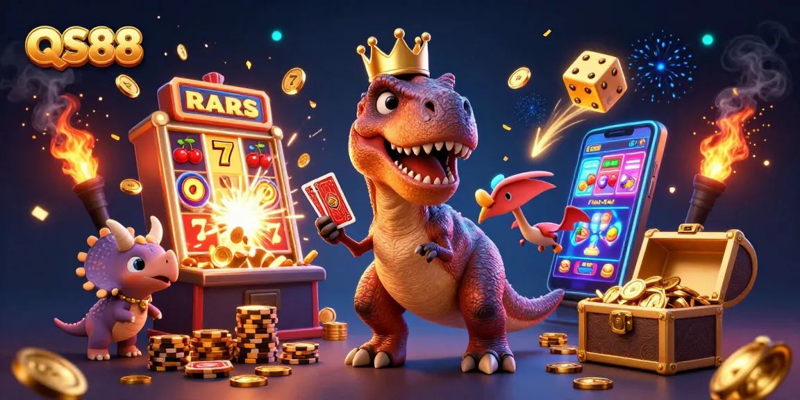 Experience the excitement at QS88 with animated dinosaurs playing cards and a jackpot explosion in a vibrant casino.
