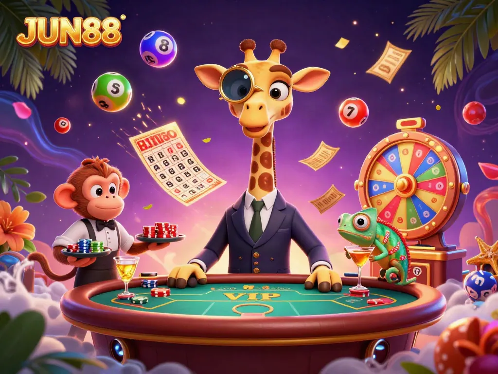 Experience the excitement at JUN88 with a sophisticated giraffe and casino elements in a vibrant scene.
