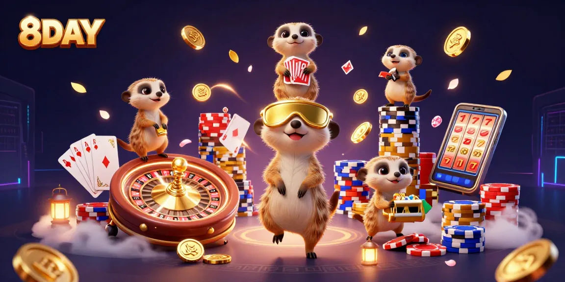 Win big at 8DAY with energetic meerkats handling cards and chips in a vibrant casino scene.