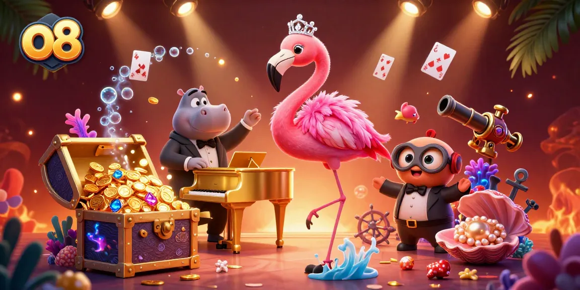 Experience vibrant gaming fun with o8, featuring a flamingo singer and a hippo bassist amid casino treasures.