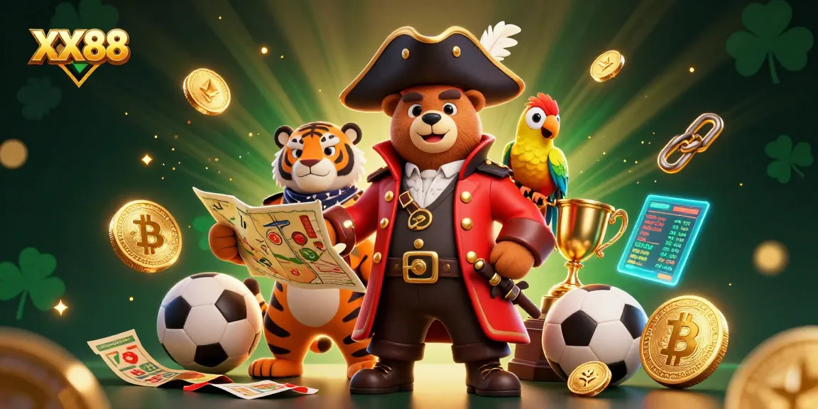 Join the sports betting excitement with XX88 as dynamic characters and crypto elements merge in a vibrant casino scene.