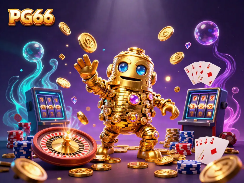 PG66 captivates players with a dynamic 3D illustration of a golden golem amidst cascading coins and vibrant casino elements.