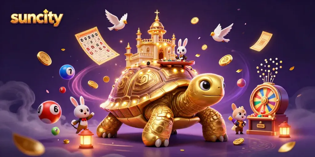 Experience the excitement of Suncity with a vibrant 3D casino scene featuring animated characters and game elements.