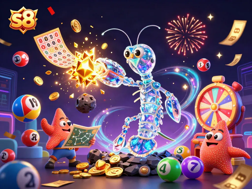 S8 gaming scene with a galactic samurai mantis shrimp and vibrant lottery elements engaging players in online gambling excitement.