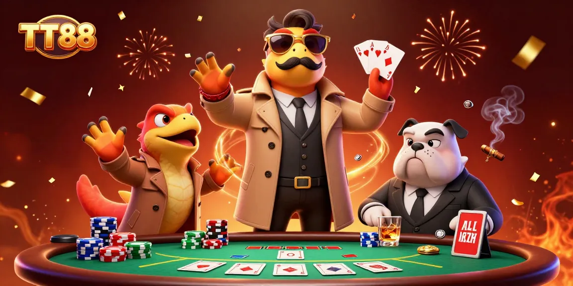 Raptors in a trench coat attempt entry into a TT88 VIP casino lounge, full of poker game elements.
