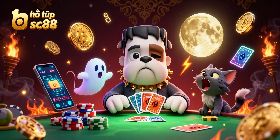 Join in the fun with hỗ trợ sc88 as the Frankenstein bulldog deals cards amidst a spooky casino scene.