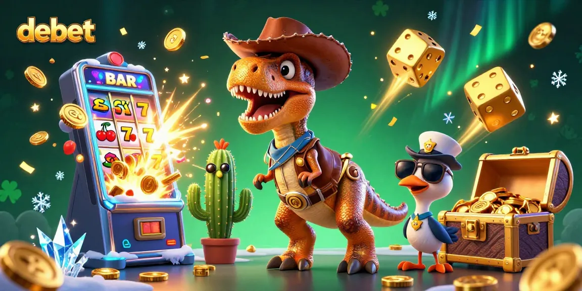 Engage with exciting debet gaming as a dinosaur cowboy spins the jackpot slots.