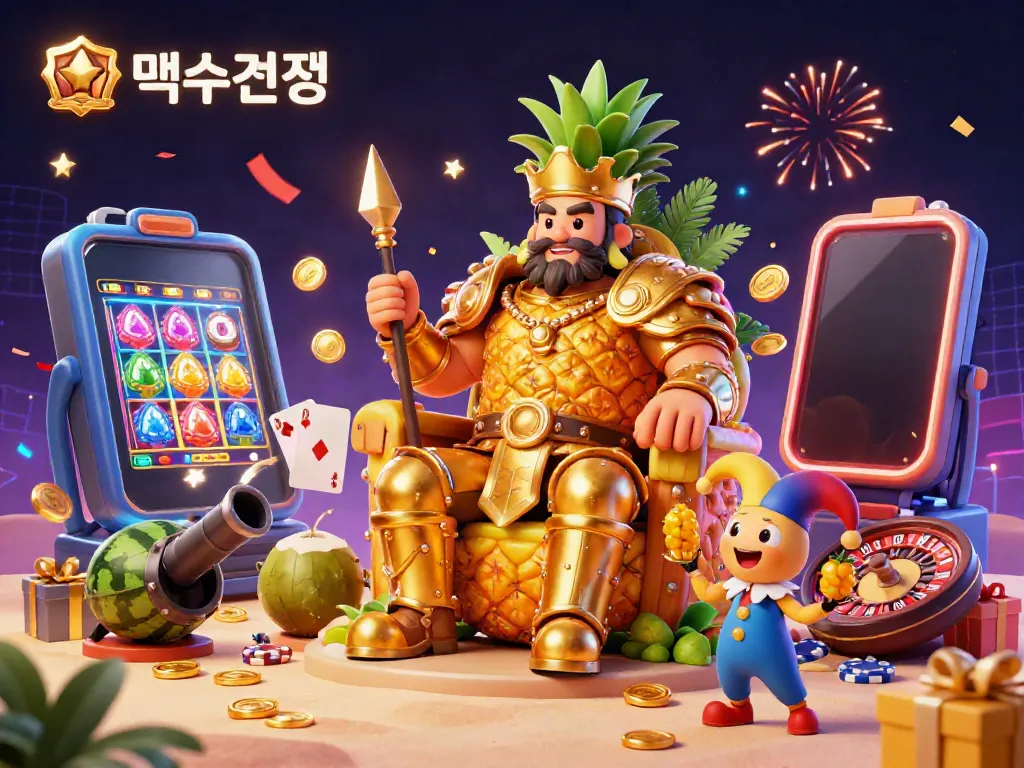 Experience 먹튀검증 with a vibrant 3D illustration of a pineapple king at a beach casino with animated game elements.
