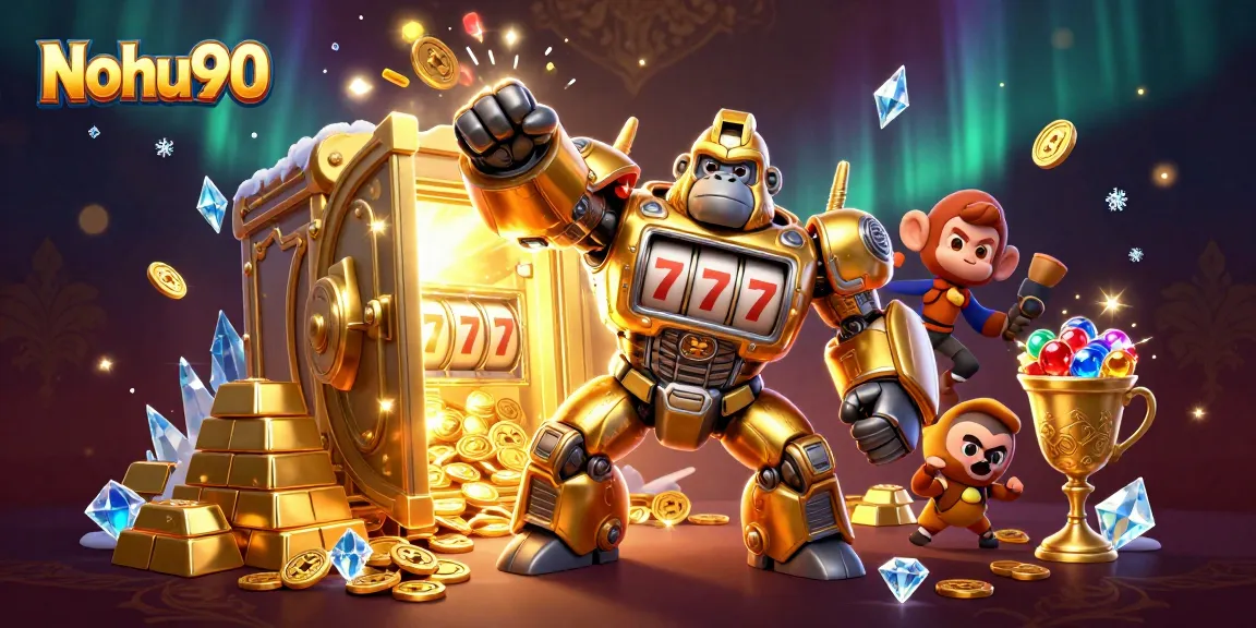 Nohu90's golden gorilla mech bursts with coins in a thrilling casino scene.