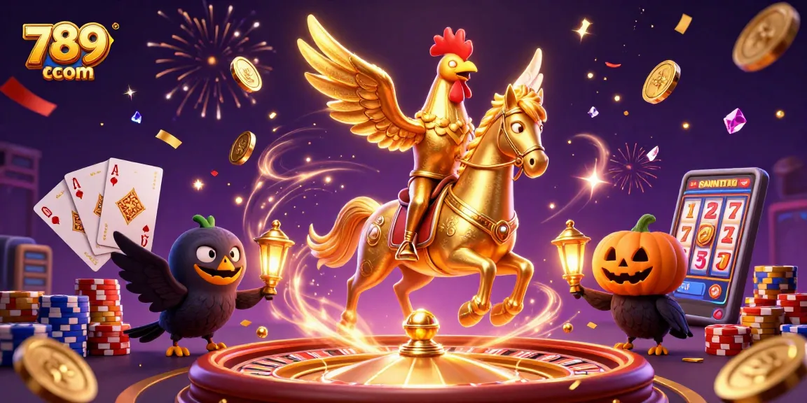 Feeling excited at 789win com with golden rooster in a magical casino scene filled with gems and coins.