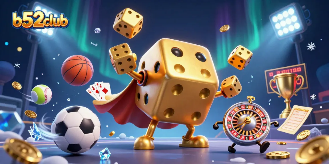 Join the excitement at b52club with a dynamic illustration of a golden dice golem and sports elements.