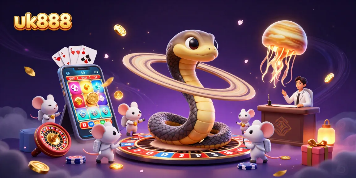 Experience the excitement at uk888 with a cosmic casino scene featuring a playful Saturn ring snake.