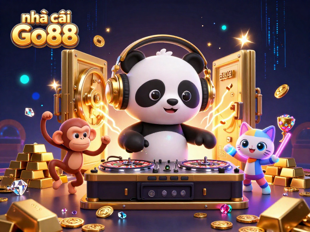 Engage with the vibrant world of nhà cái Go88, featuring a DJ panda, dancing monkey, and glowing kitten in a bustling casino scene.