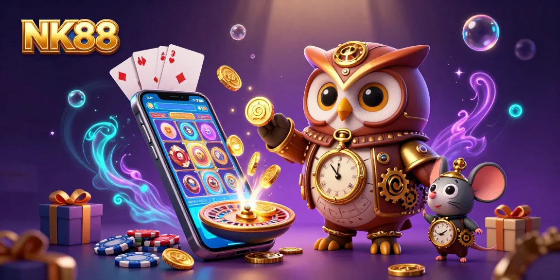 Experience the thrill of NK88 illustrated with a steampunk time-traveler owl and immersive casino elements.