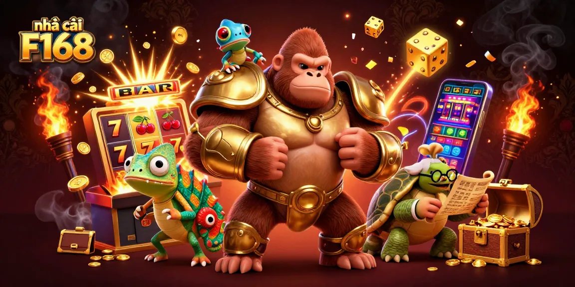 Experience the excitement at nhà cái F168 with a vibrant 3D casino scene featuring colorful slot elements and dynamic characters.
