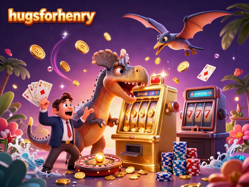 Experience the excitement of hugsforhenry as a pachycephalosaurus triggers jackpot coins in a lively casino scene.