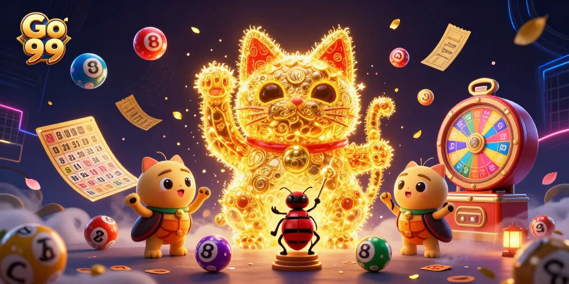 Experience the thrill of Go 99 with a vibrant illustration of a lucky cat and dynamic casino elements.