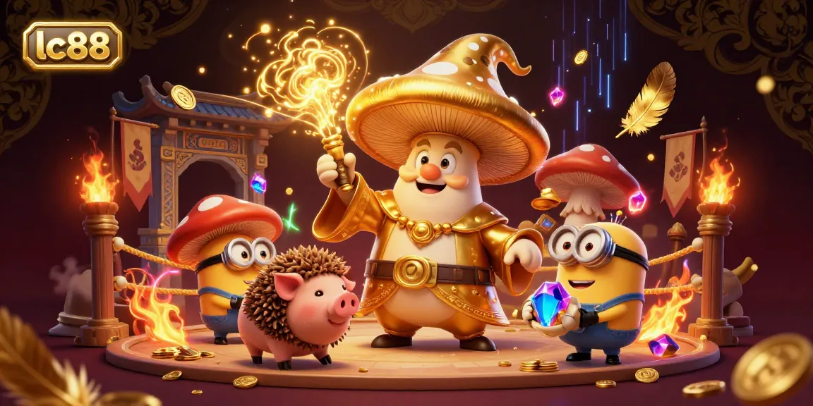 Experience excitement at lc88 with a dynamic scene featuring a golden mushroom wizard and treasure elements in a lively casino atmosphere.