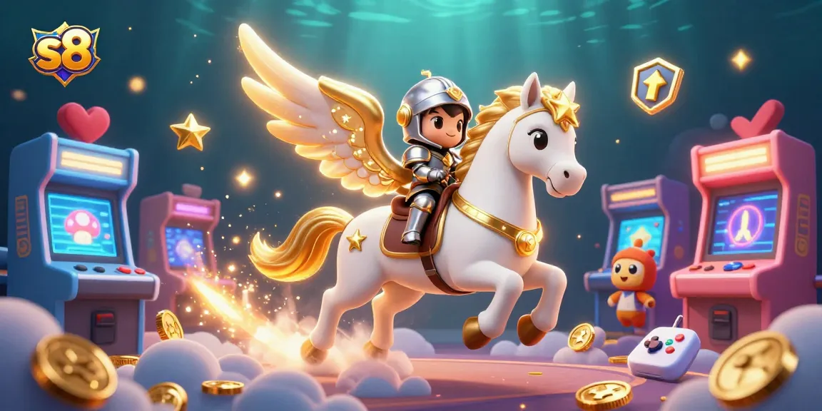 Engage with S8's vibrant gaming world featuring a celestial horse and knight surrounded by interactive gaming elements.