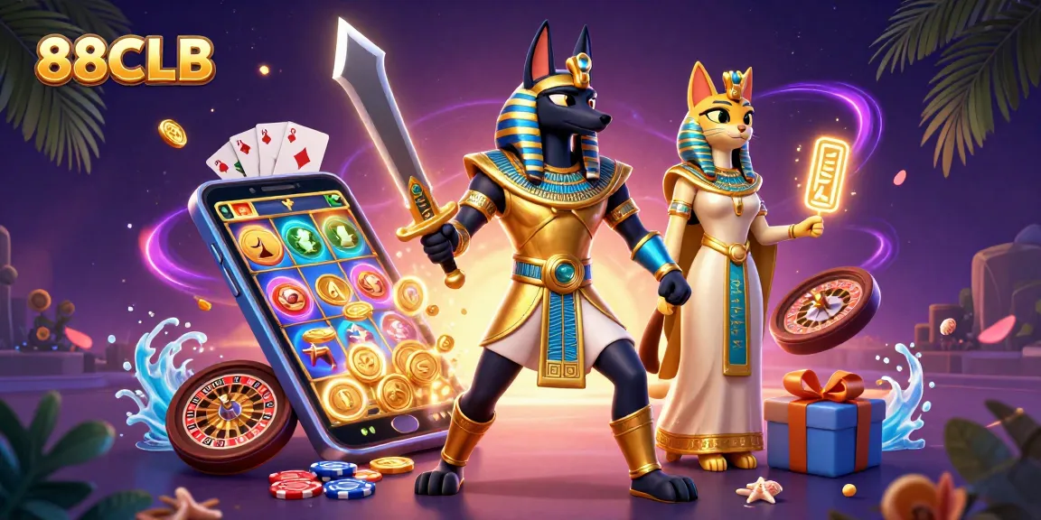 Engage with thrilling gaming action at 88CLB with a vibrant Egyptian-themed casino illustration.