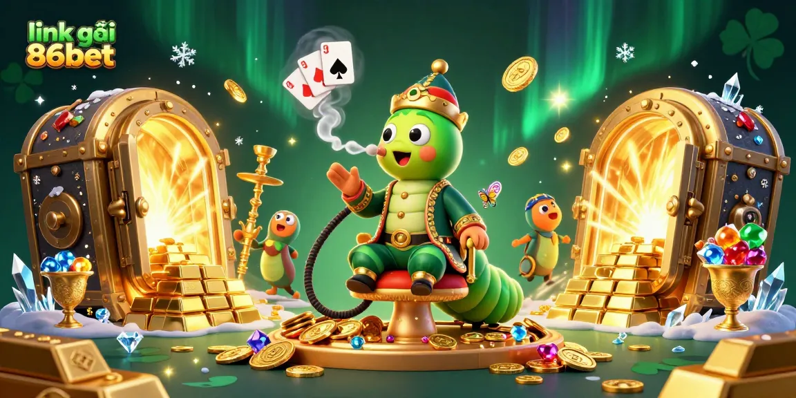 Win big with link vào 86bet, featuring a lively 3D gaming scene rich with symbols of luck and chance.