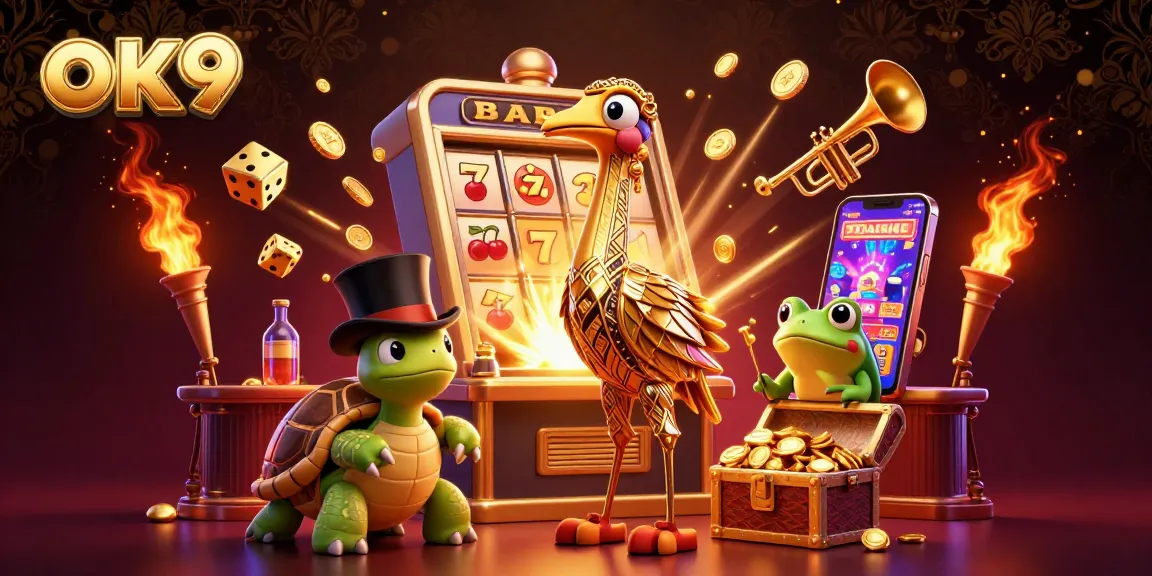 Experience thrilling gameplay with ok9's engaging 3D casino scene full of vibrant characters and exciting game elements.