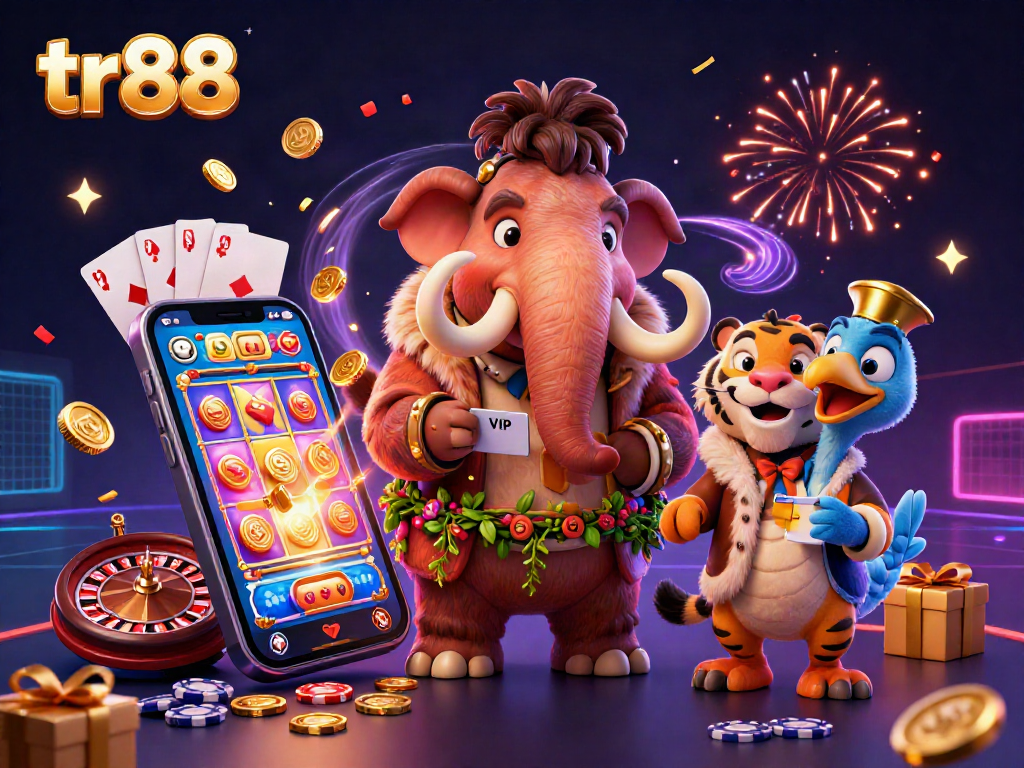 tr88 highlights a dynamic casino scene with a bouncer, VIP guest, and doorman amidst vibrant slot game elements.