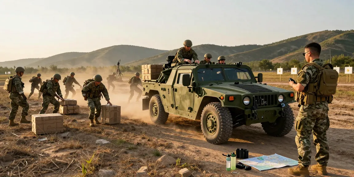 88m military scene with soldiers operating tactical vehicles and loading cargo at sunset.
