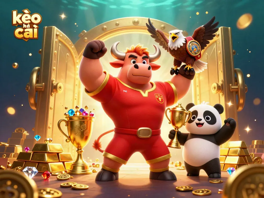 Engage with kèo nhà cái in a vibrant 3D illustration showcasing a bull mascot, eagle, and panda surrounded by gold and jewels.