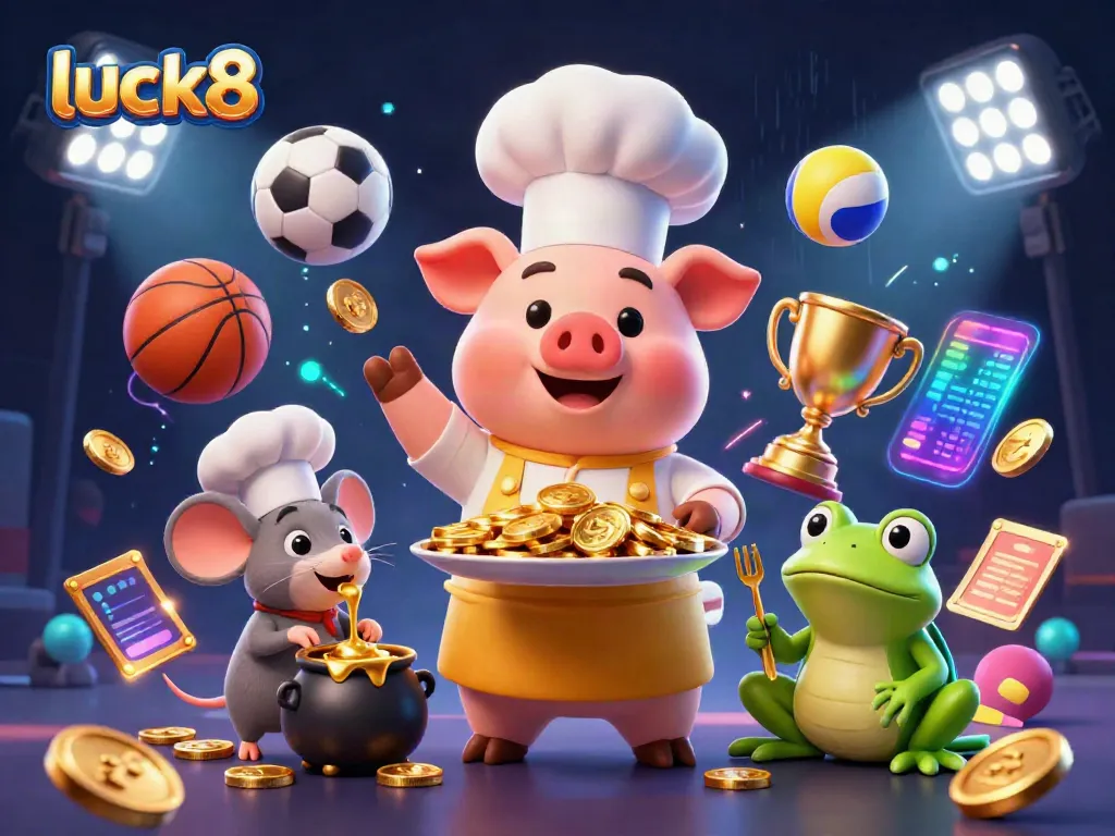 Experience dynamic sports betting excitement with luck8 as a chef pig serves gold coins amidst animated sports balls and lights.