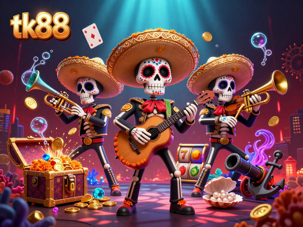 Enjoy the excitement of tk88 gaming with a vibrant Dia de los Muertos mariachi scene filled with slot machines.