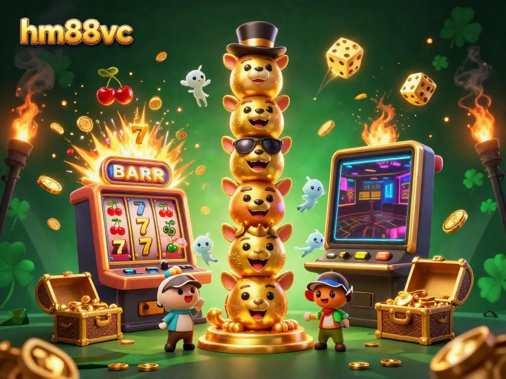 Experience the vibrant hm88vc casino world, with a playful golden totem and dynamic slot machine action.