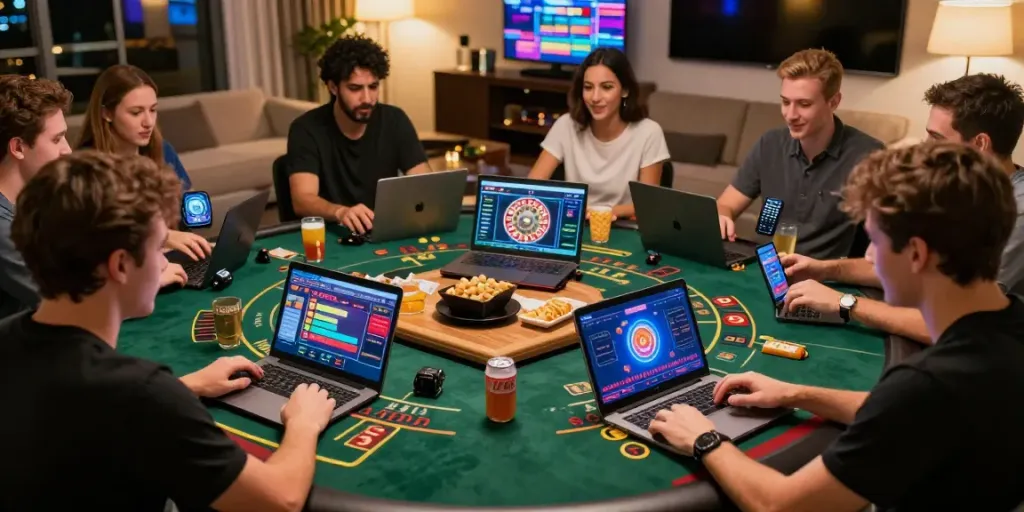 Howzit Casino players enjoying live dealer games on laptops and mobile devices in a vibrant home gaming environment.