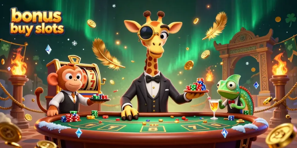 Experience the excitement of bonus buy slots with a high-roller giraffe and friends in a vibrant casino scene.