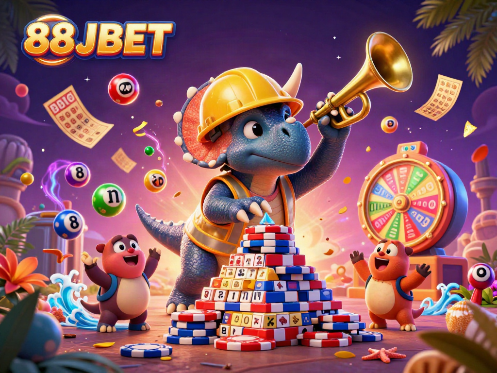 Experience excitement with 88JBET as a triceratops builds poker chips amidst lottery elements.