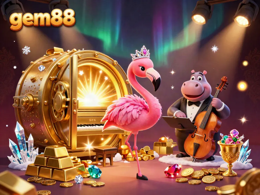 A vibrant scene capturing gem88's lively casino ambiance with cartoon characters and treasure elements.