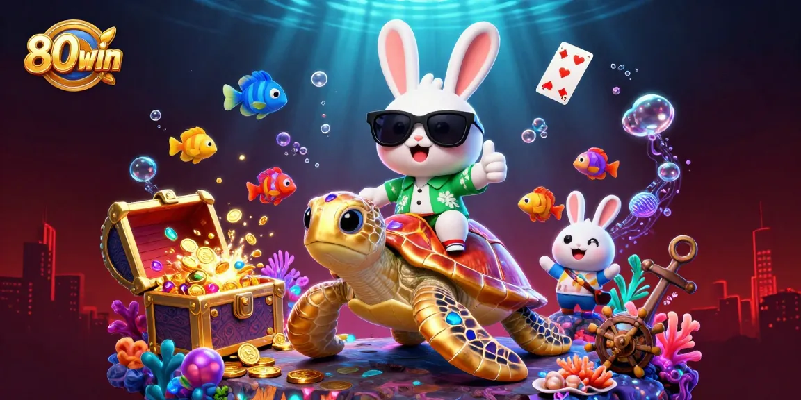 Join the adventure at 80win with the lucky rabbit and golden turtle surrounded by treasure.