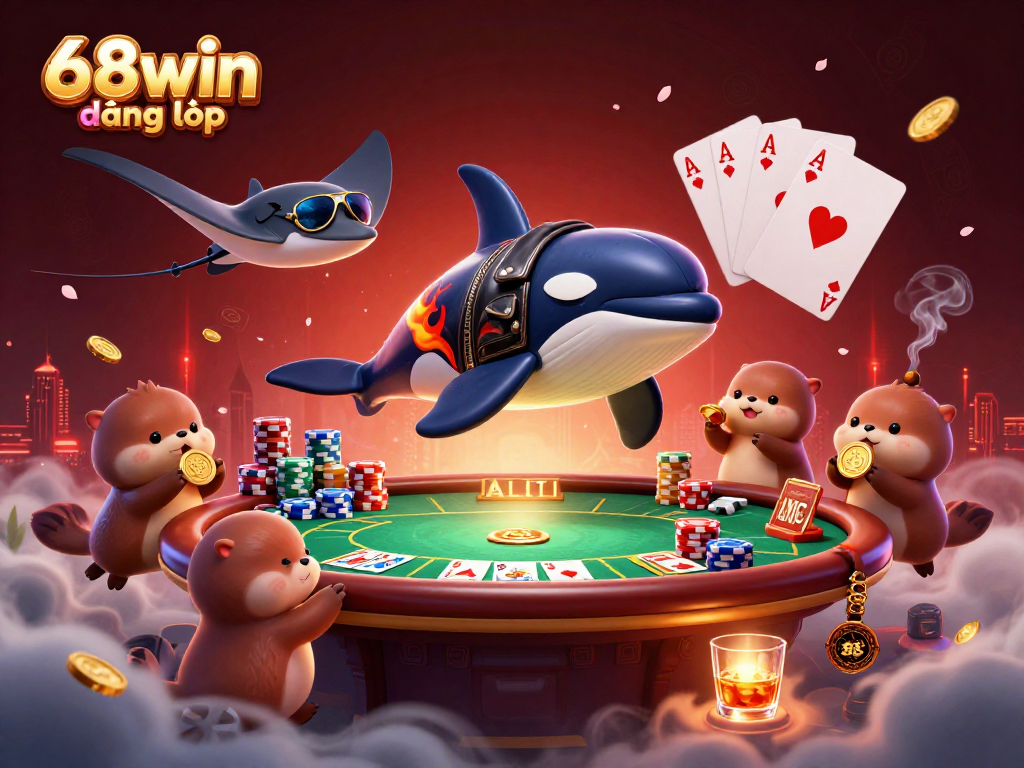 Immerse in the adventure as 68win đăng nhập showcases a vibrant underwater casino with an orca, stingray, and otters.