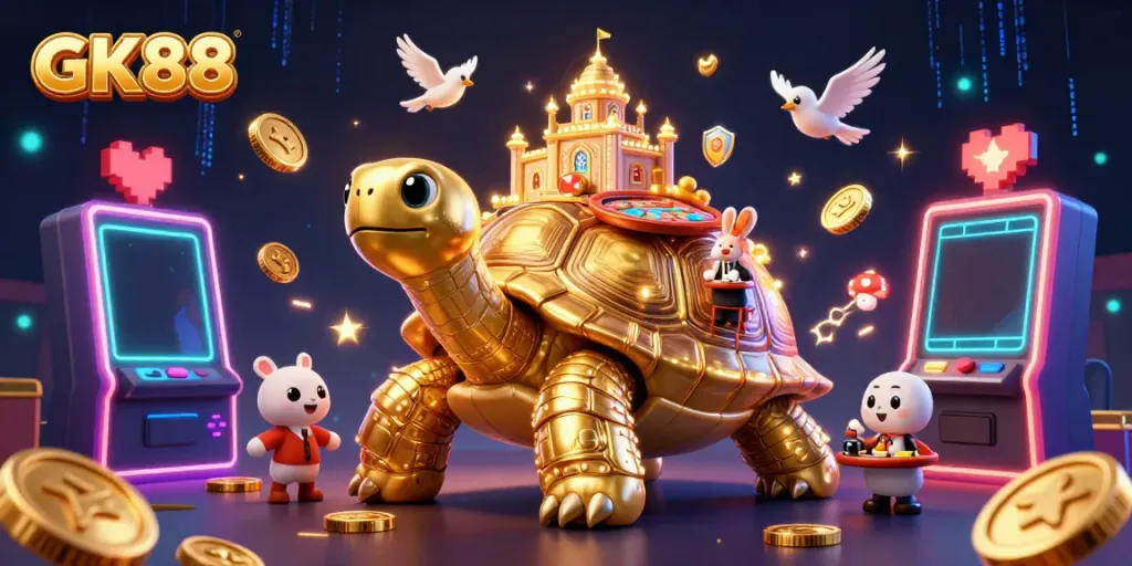 Experience thrilling GK88 casino action with a golden tortoise, dealer, and vibrant slot machines.