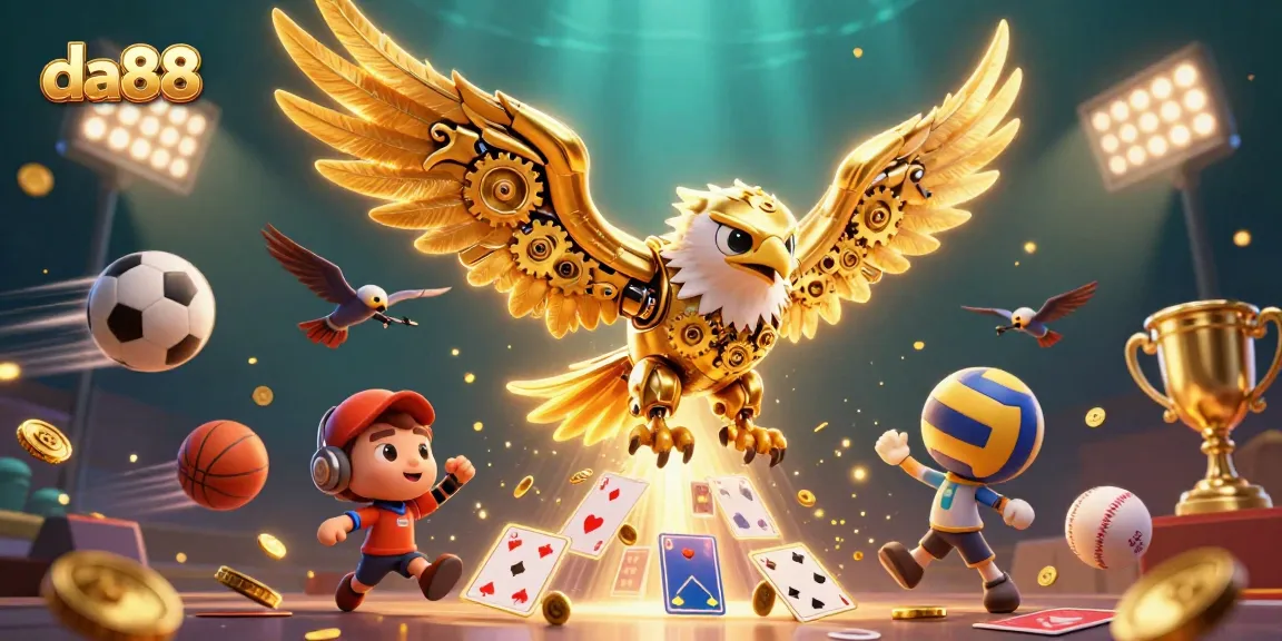 Experience thrilling wins at da88 with a stunning 3D illustration of a game-filled casino atmosphere.